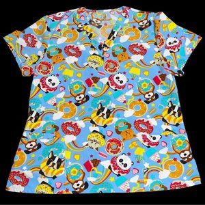 Dog Cats Donuts Rainbow Scrub Top Shirt Womens XL